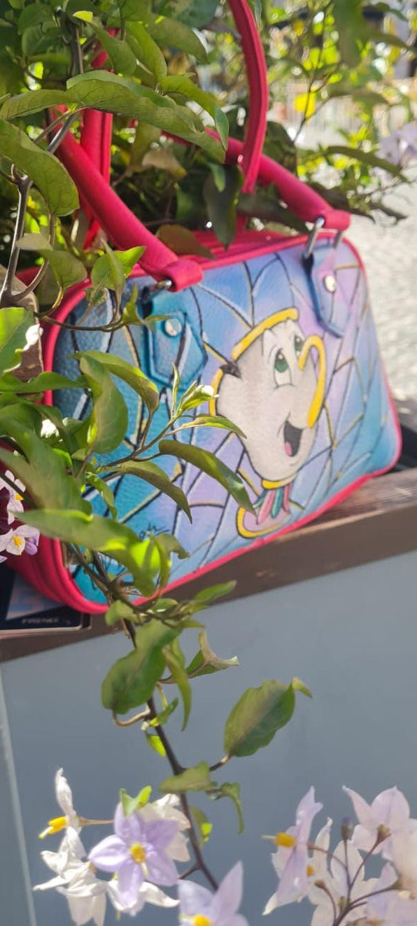 Borsa dipinta a mano Chicco La Bella e la Bestia tazza, ecopelle artigianale Disney