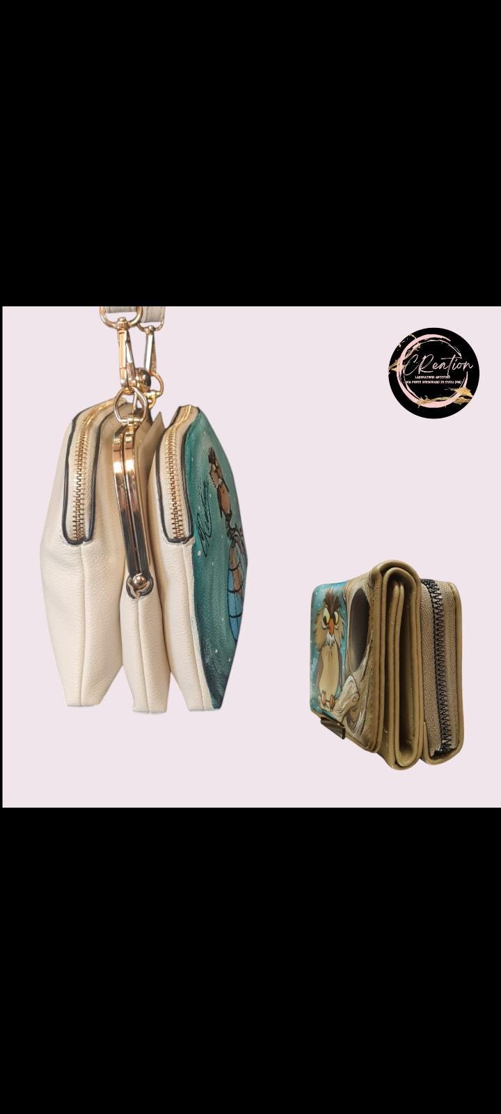 Set Borsa + Portafoglio Dipinti a Mano - Mago Merlino e Gufo Anacleto - Accessori Unici e Artigianali Descrizione: Scopri l'incanto del Mago Merlino e del suo fedele gufo Anacleto con questo set esclusivo di borsa e portafoglio, entrambi dipinti a mano con dettagli magici e affascinanti. Perfetto per gli amanti della magia e delle storie senza tempo, questo set non è solo un accessorio, ma un pezzo d'arte da indossare