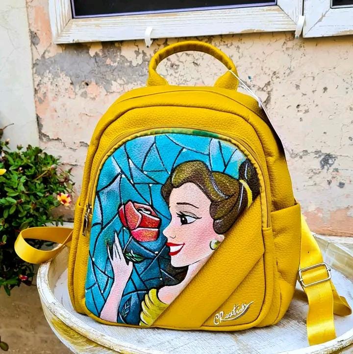 Zaino dipinto a mano Belle La Bella e la Bestia, artigianale personalizzabile handmade
