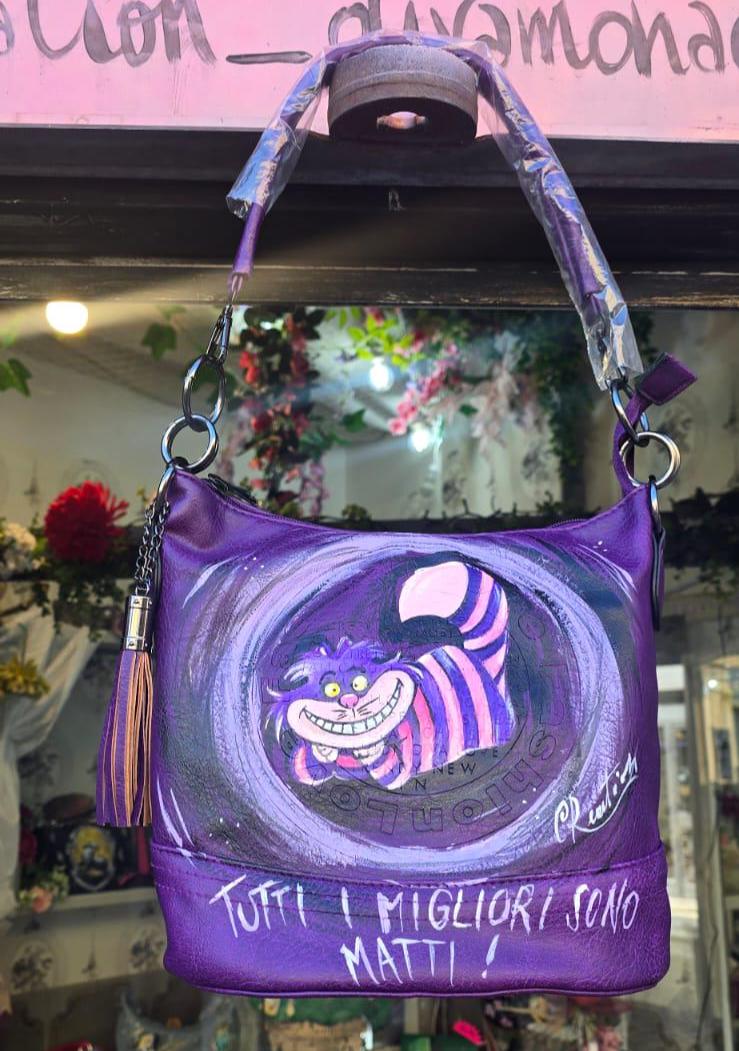 Grinsekatze „Die besten sind verrückt“ handbemalte Tasche aus Kunstleder/Leder