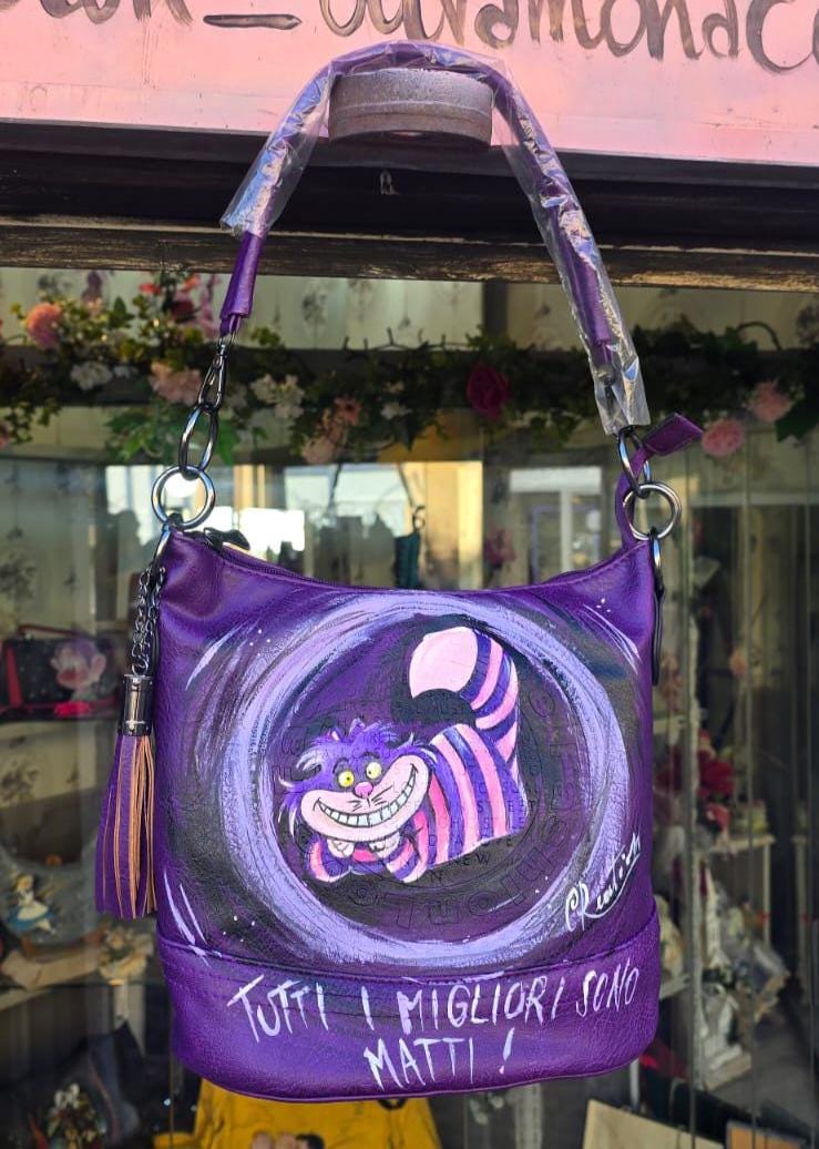 Grinsekatze „Die besten sind verrückt“ handbemalte Tasche aus Kunstleder/Leder