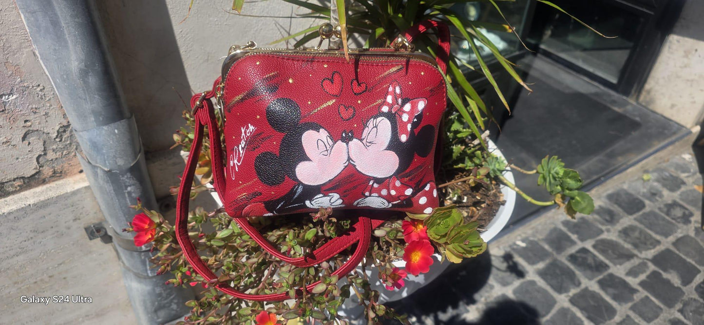 Borsa dipinta a mano Minnie e Topolino Disney, ecopelle artigianale romantica personalizzabile
