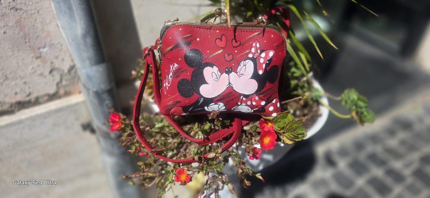 Borsa dipinta a mano Minnie e Topolino Disney, ecopelle artigianale romantica personalizzabile
