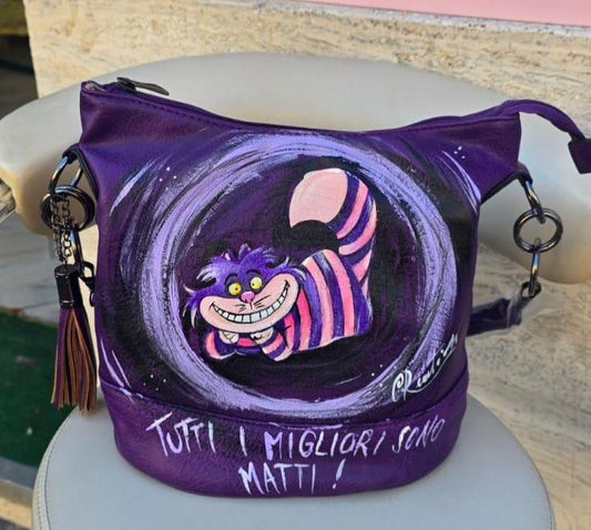 Borsa dipinta a mano Stregatto tutti i migliori sono matti ecopelle pelle artigianale

