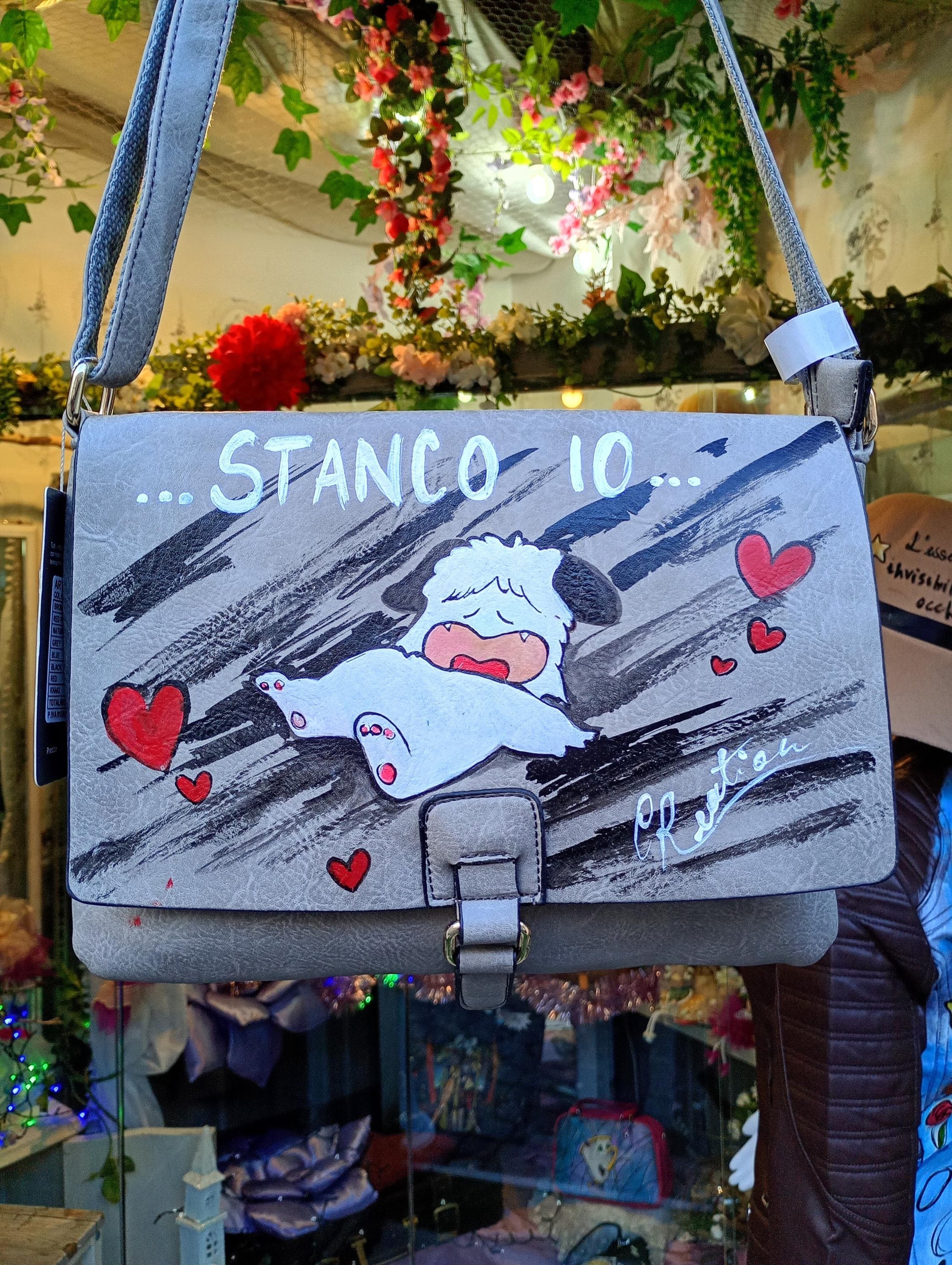 Borsa dipinta a mano Hello Spank cartoon giapponese, ecopelle artigianale personalizzabile
