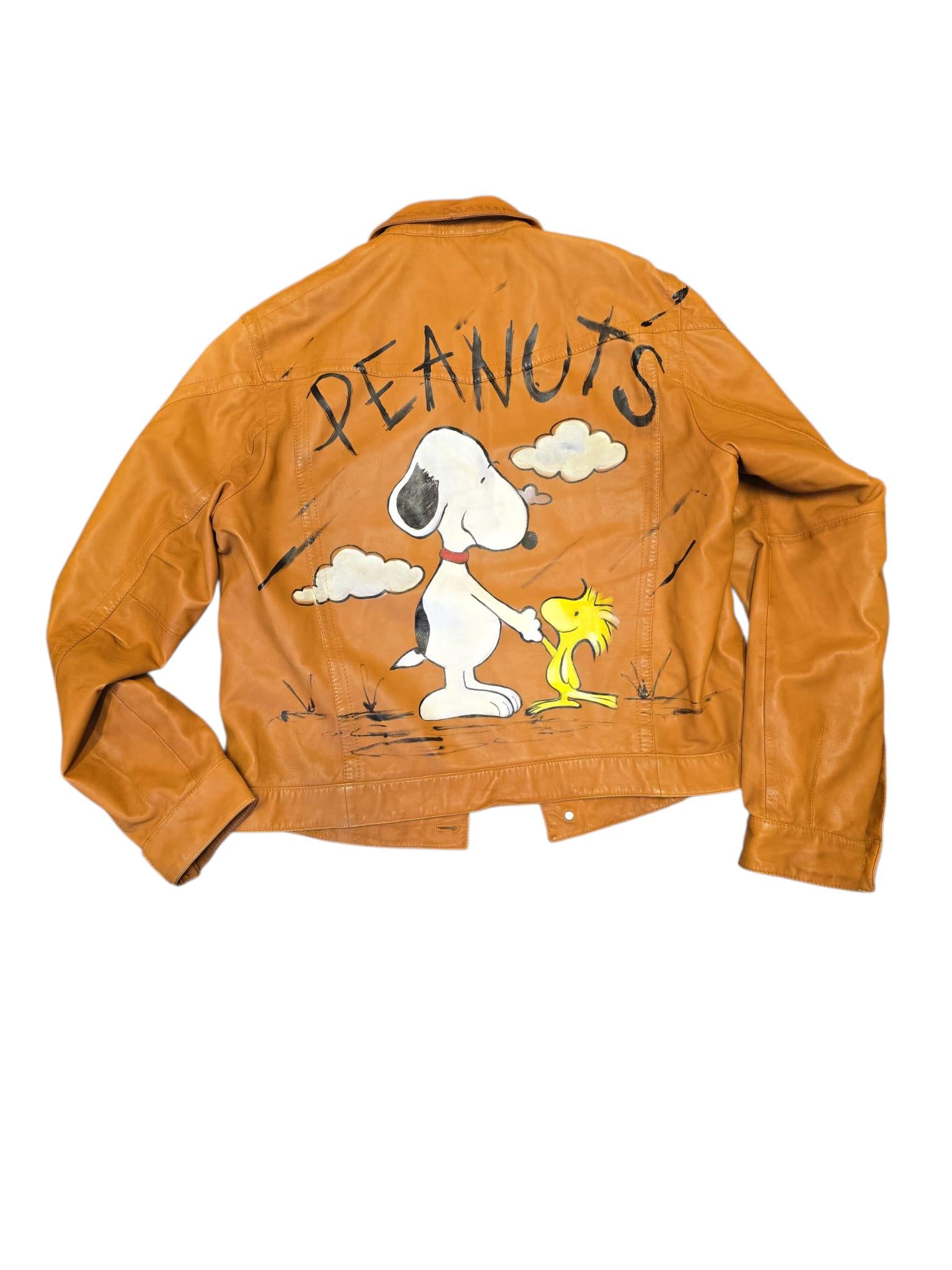 Giacca in pelle dipinta a mano Snoopy Peanuts, abbigliamento artigianale personalizzabile
