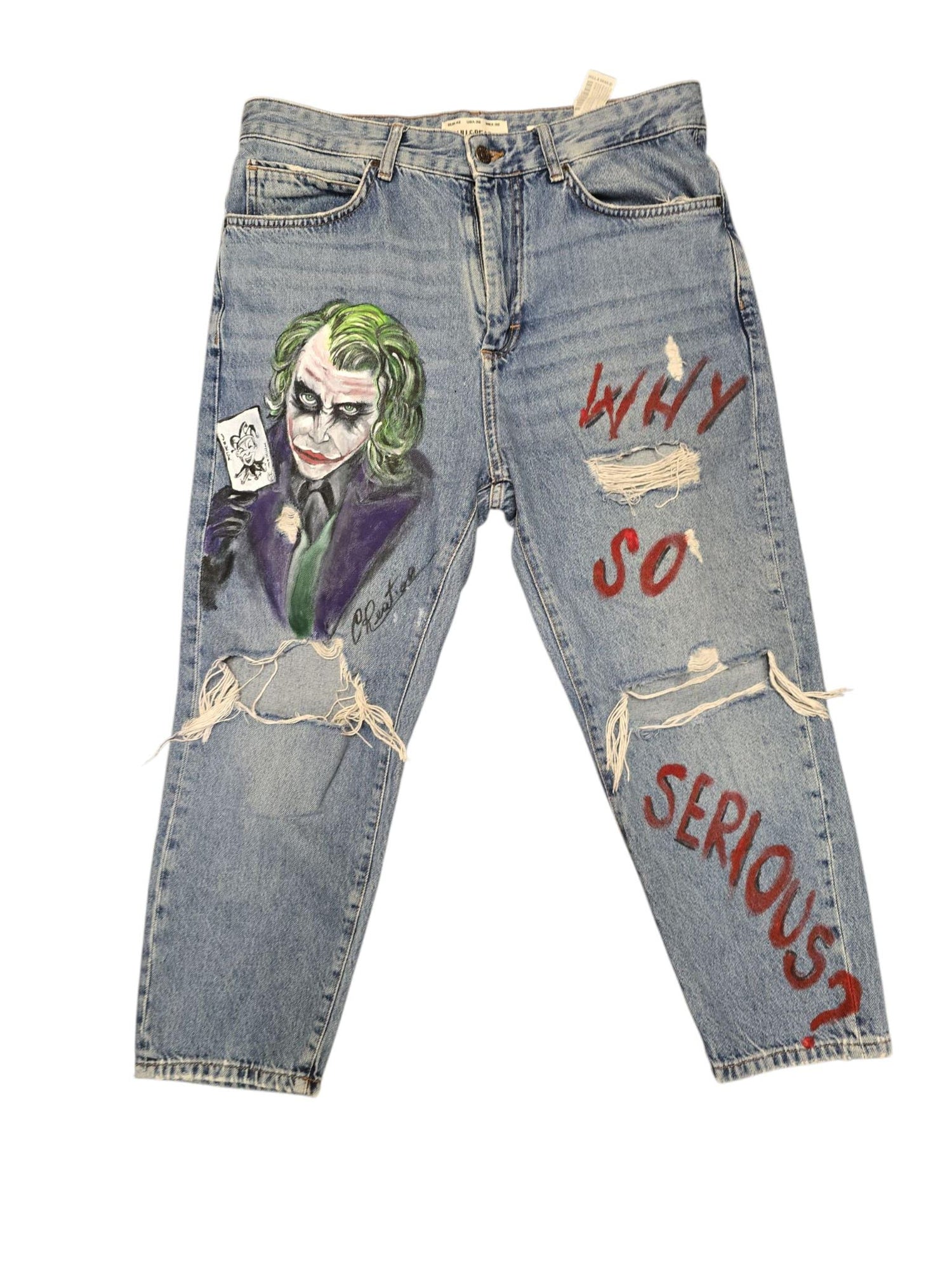 Pantaloni jeans dipinti a mano Joker Why So Serious, abbigliamento artigianale personalizzabile
