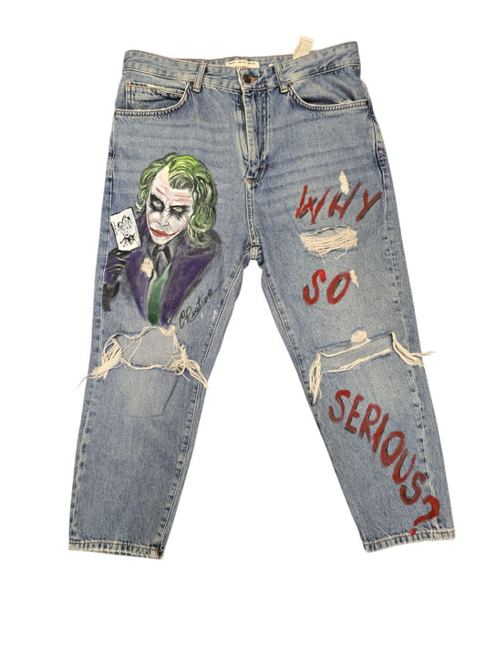 Pantaloni jeans dipinti a mano Joker Why So Serious, abbigliamento artigianale personalizzabile
