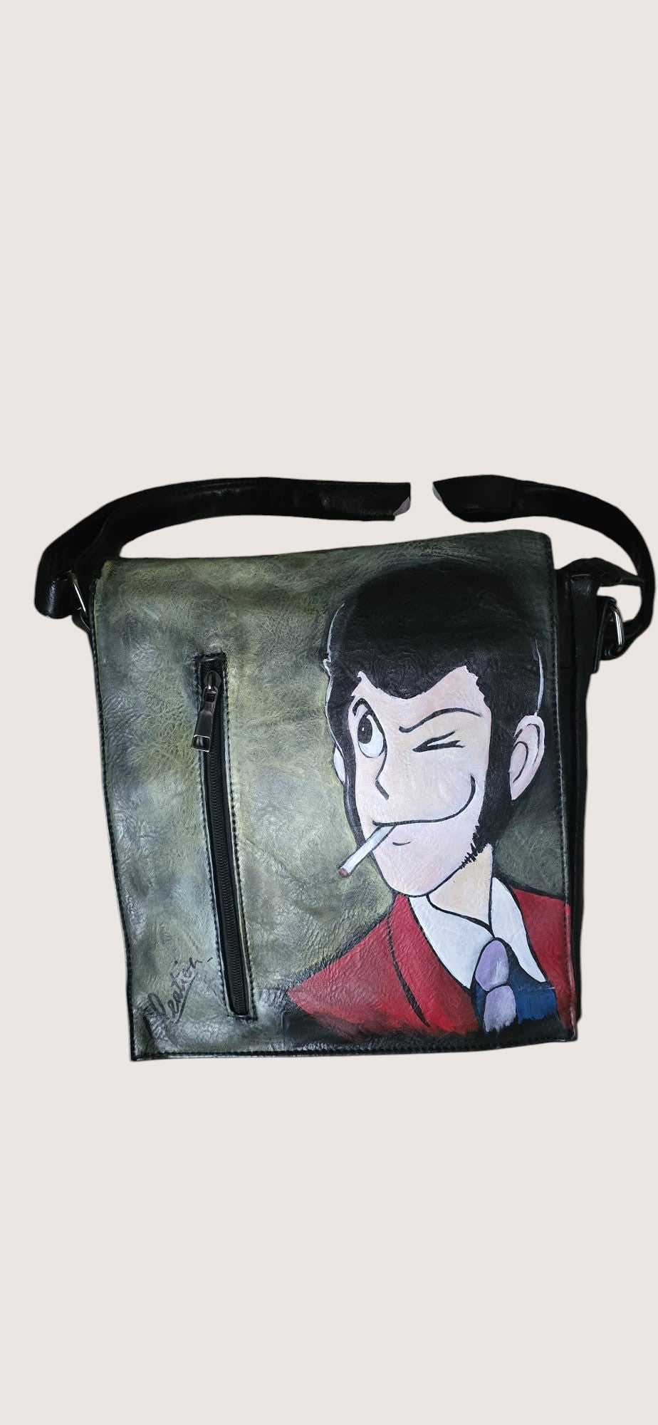 Tracolla Uomo Lupin III Dipinta a Mano – Borsa Uomo Personalizzata Lupin e Jigen – Idea Regalo Fan Anime Manga – Handmade Messenger Bag Custom Art