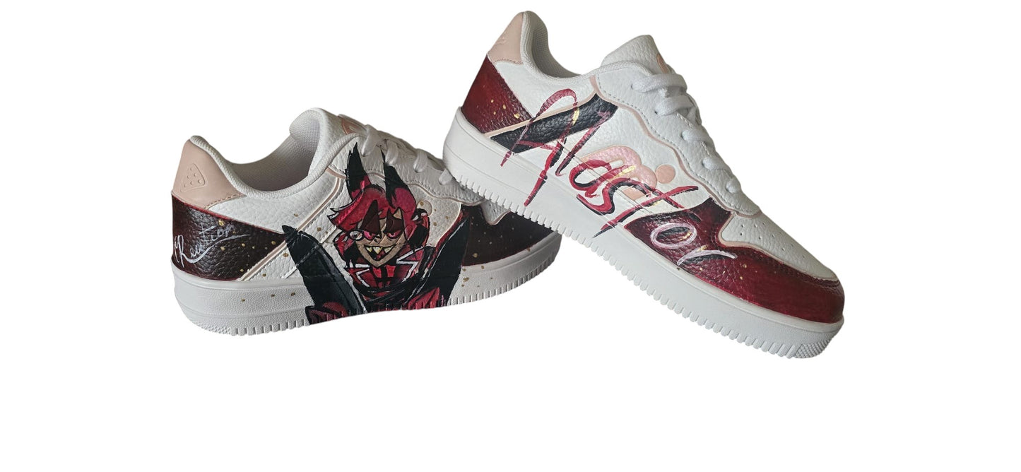 Cammina con il carisma del Demone della Radio grazie a queste scarpe Mistral dipinte interamente a mano. Il protagonista è Alastor, riprodotto con cura nei dettagli — dal suo sorriso inquietante ai toni del rosso e nero — perfetto per chi ama le atmosfere
